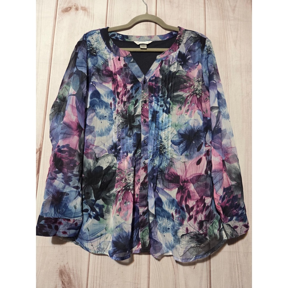 Christopher & Banks Petite XL Floral Chiffon Roll Tab Sleeve Blouse Purple Blue